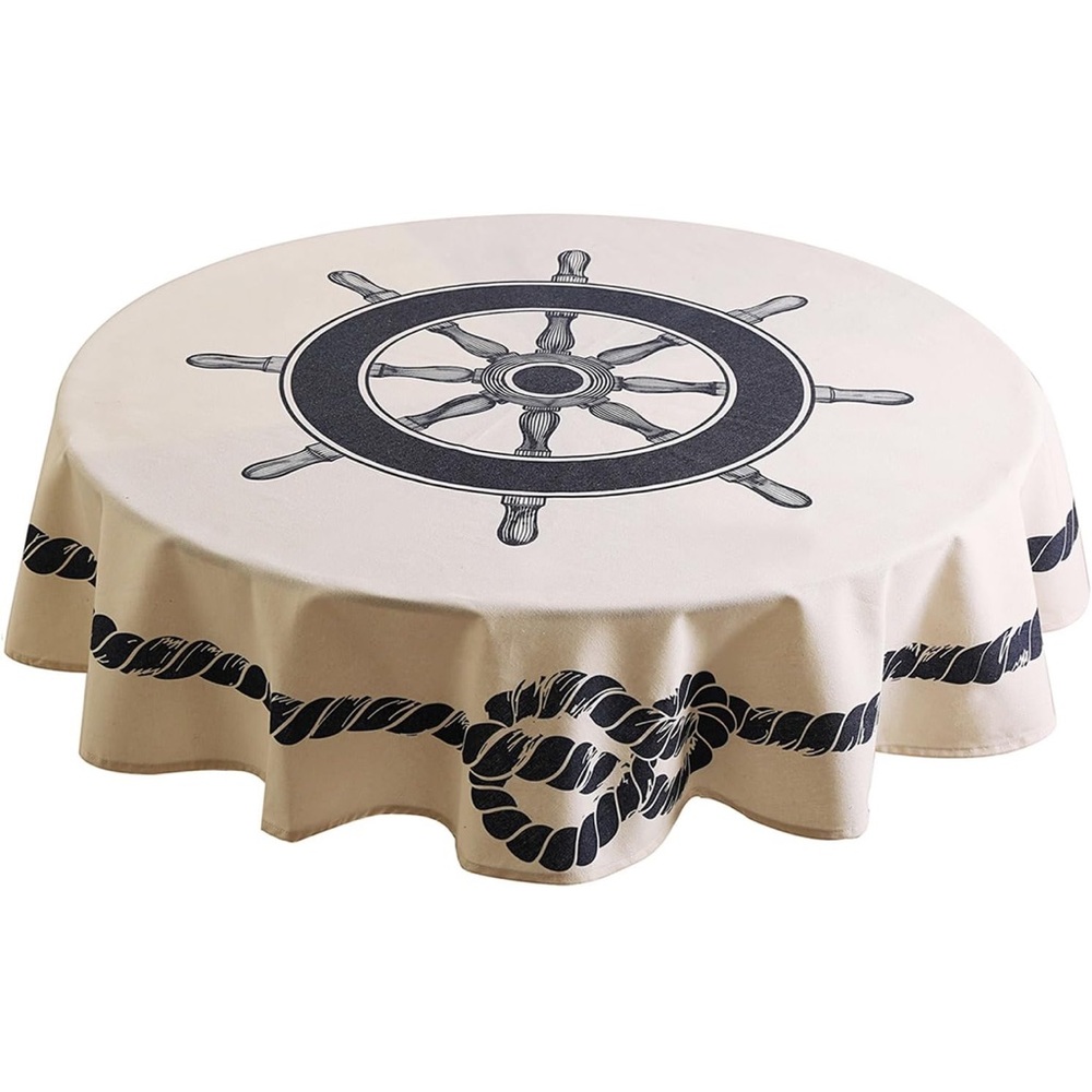 Nautical Round Table Cloth with Ship Wheel & Rope Design - Navy on White 53.5” - Picture 6 of 6